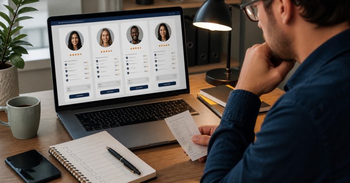 Psychic Industry Transparency and Consumer Choice Consumer comparing online advisor profiles, prices, ratings, and a payment receipt