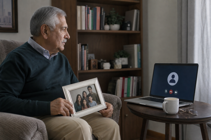 Getting ready for a medium reading Older man holding a framed family photo while waiting for a video call with a medium on a laptop