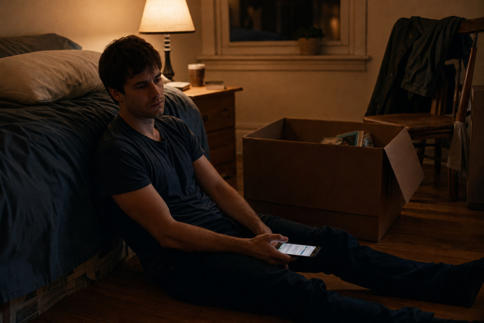Young man sitting on a bedroom floor with his phone after a breakup, a half-packed box beside him