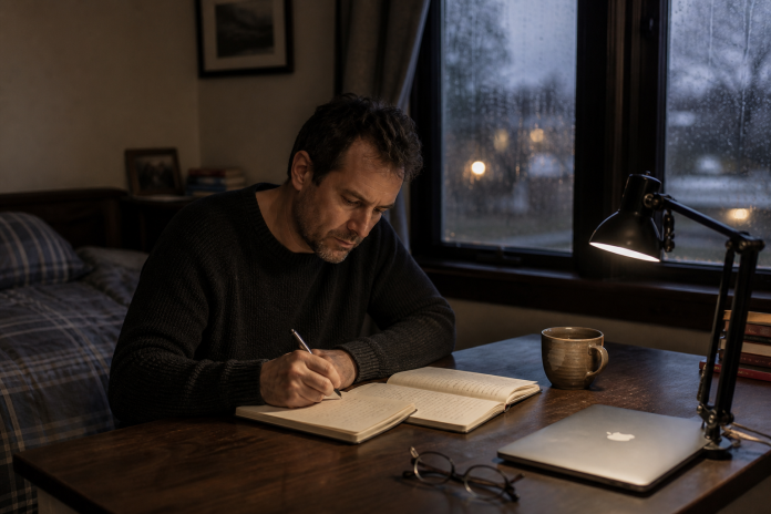 Shadow work: journaling at a spare-room desk Man writing by hand in a journal at a small desk on a rainy evening