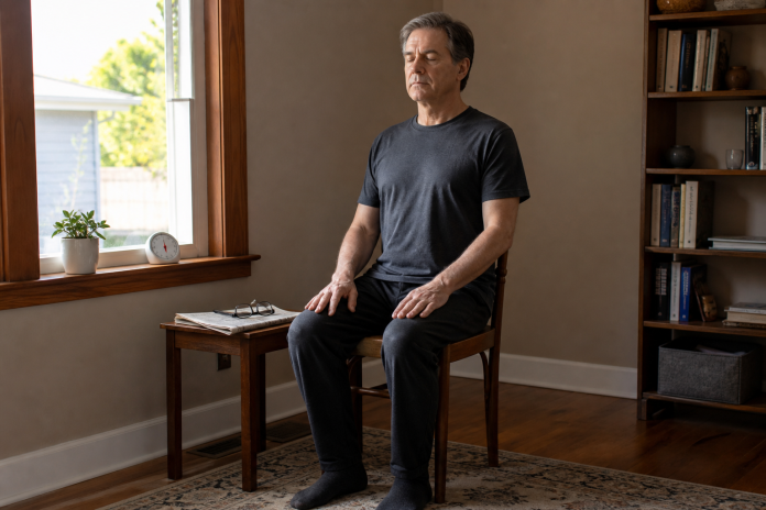 Learning to meditate at home on a plain chair Man meditating on a wooden chair in a living-room corner with a kitchen timer on the windowsill
