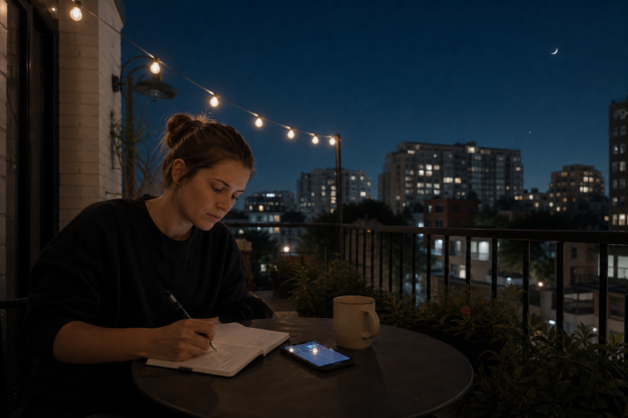 Using moon phases as a planning rhythm Woman writing goals in a planner on a rooftop terrace under a crescent moon