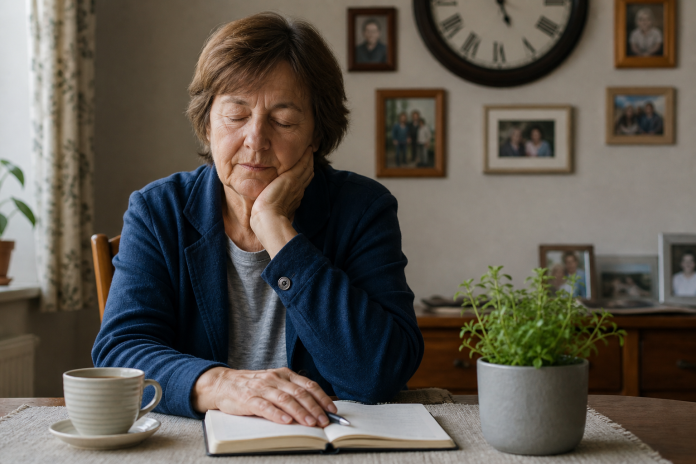 Older woman sitting with eyes closed at a dining table, hand resting on an open notebook
