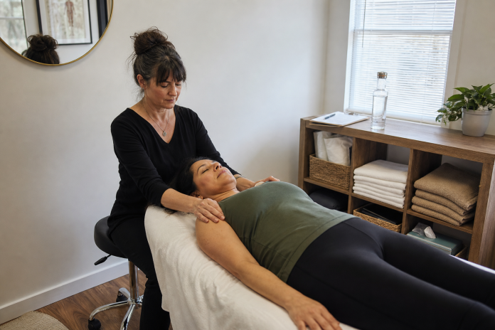Chakra healing session in a small studio Practitioner sitting beside a clothed client lying on a table in a plain wellness studio