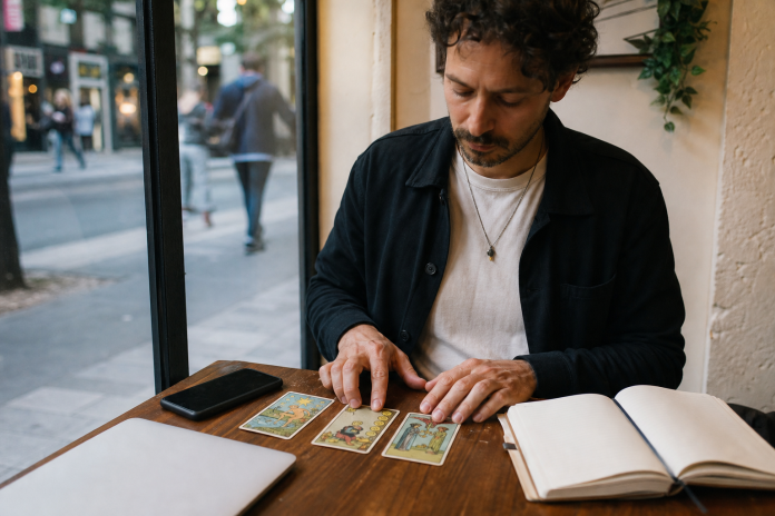 Man laying out a three-card tarot spread beside a coffee and journal at a café window