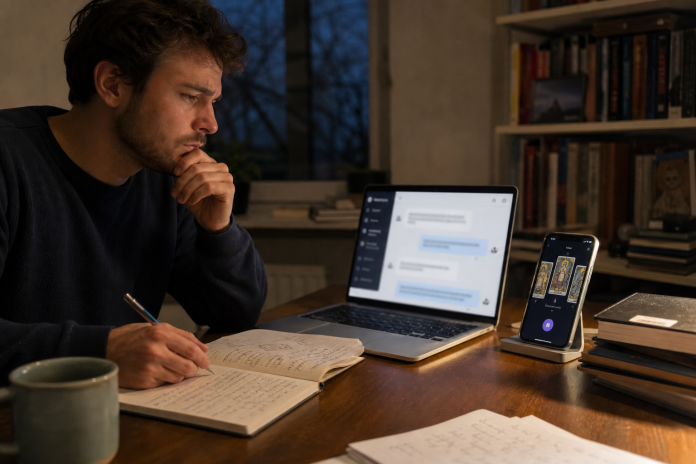Man at a desk comparing a laptop chat interface with a tarot app on his phone